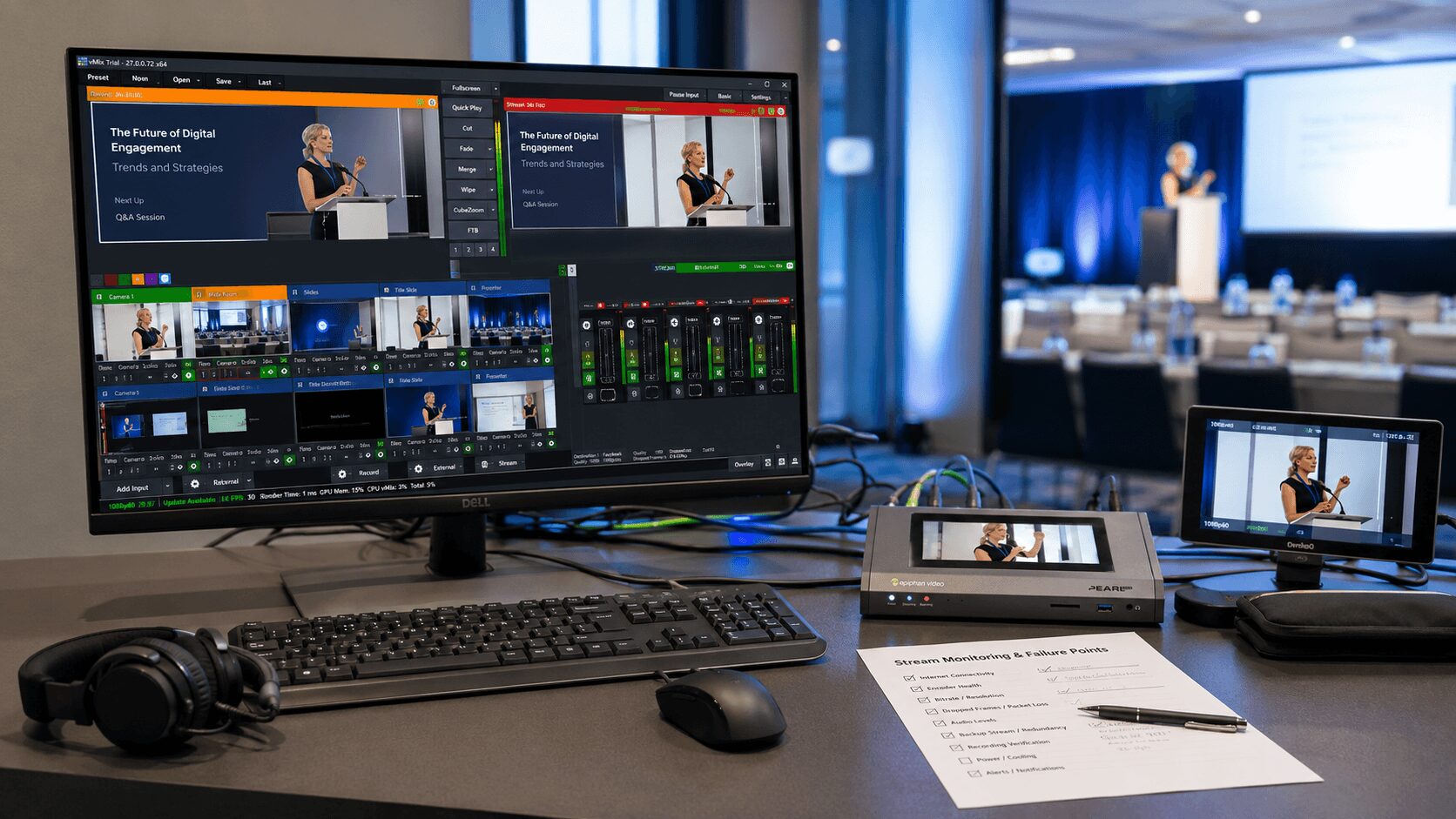 Event streaming failure points monitored during a corporate livestream