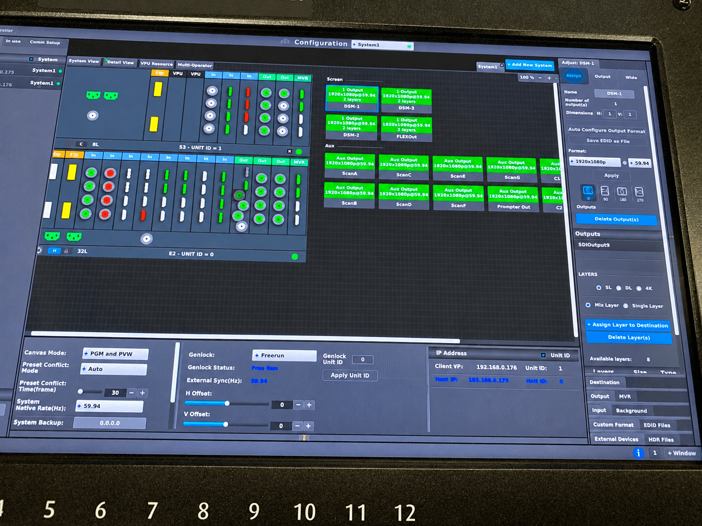 Barco E2 rental Bay Area configuration screen showing DSM outputs and signal routing